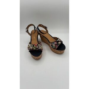 Jack Rogers Floral Cork Wedge Sandals Navy Blue Leather Ankle Strap Platform 10